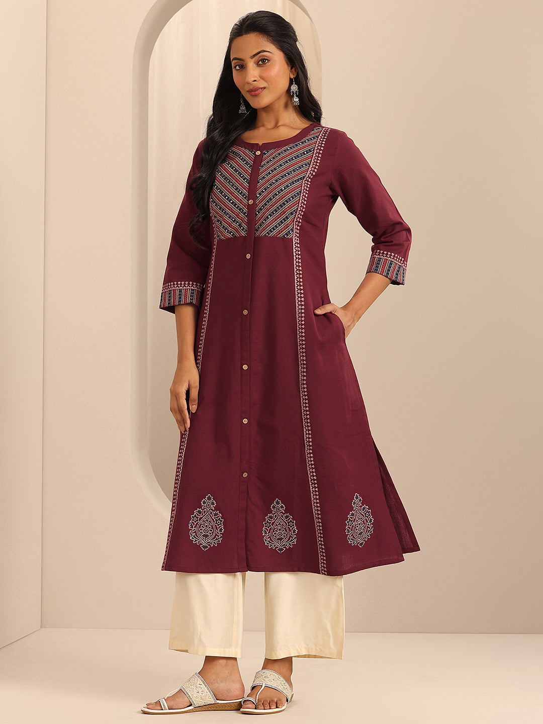 Maroon Printed Cotton Blend A-Line Kurta