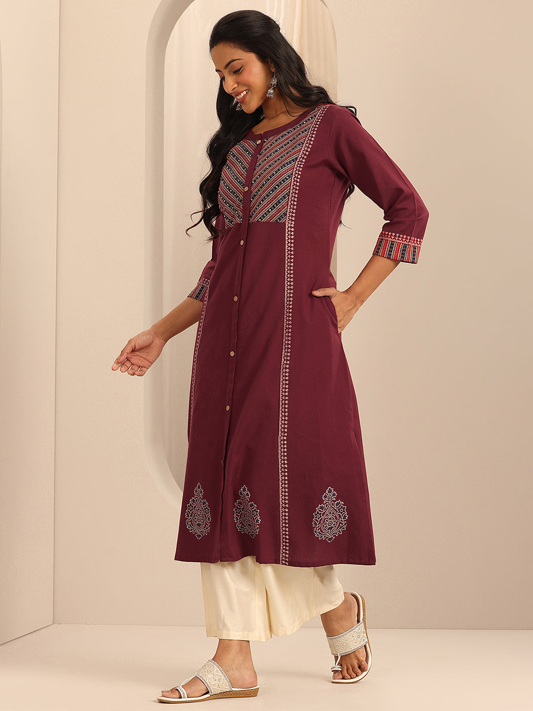 Maroon Printed Cotton Blend A-Line Kurta