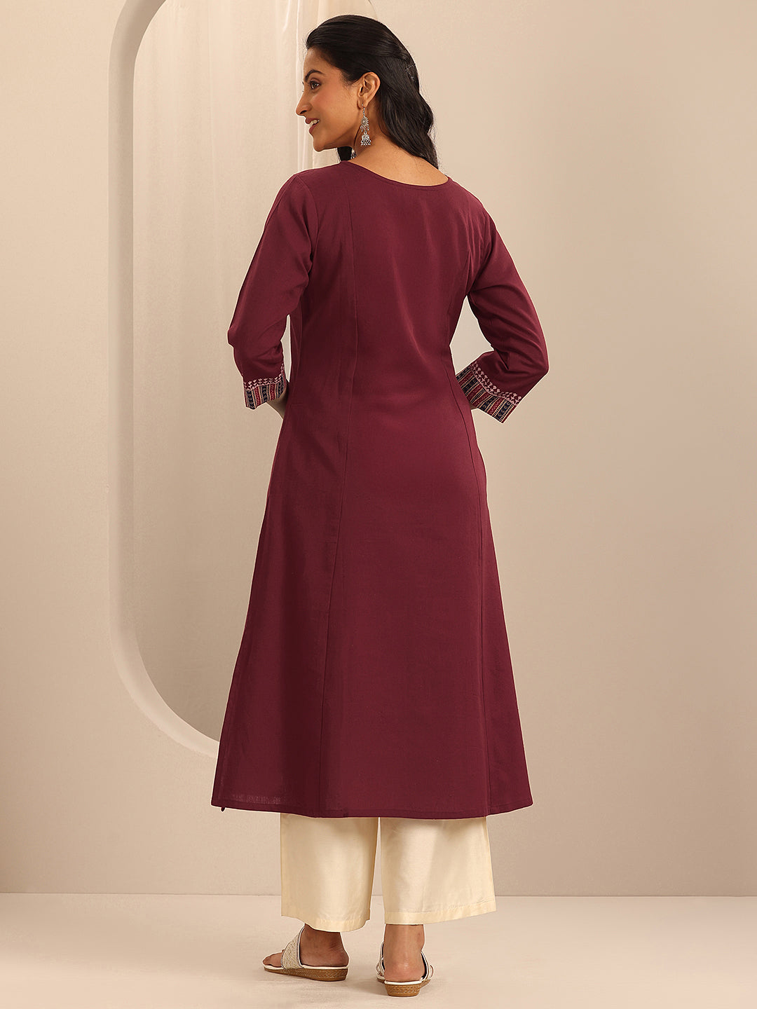 Maroon Printed Cotton Blend A-Line Kurta