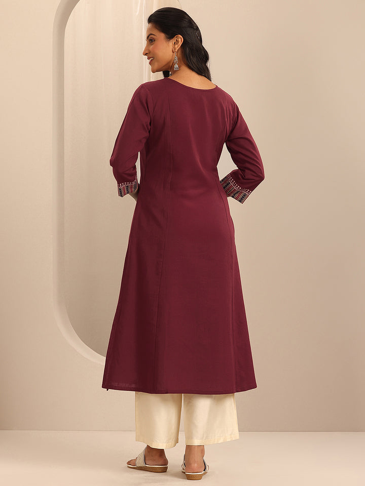 Maroon Printed Cotton Blend A-Line Kurta
