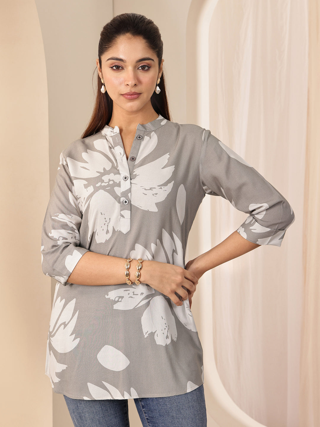 Grey Printed Rayon Straight Tunic
