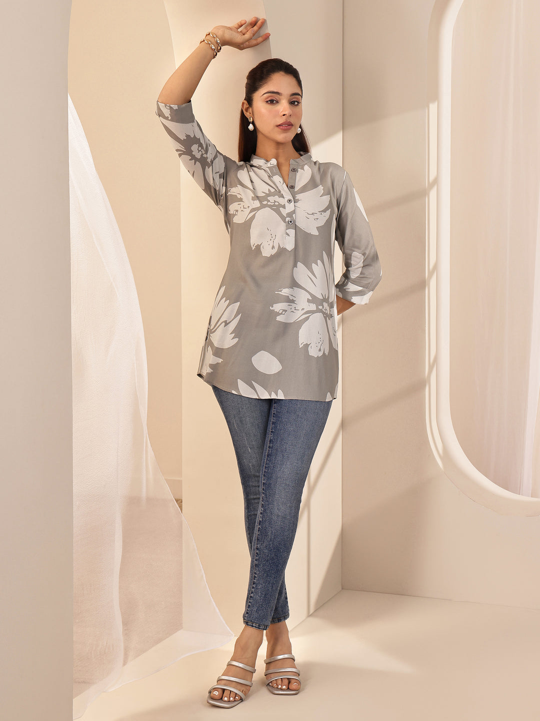 Grey Printed Rayon Straight Tunic
