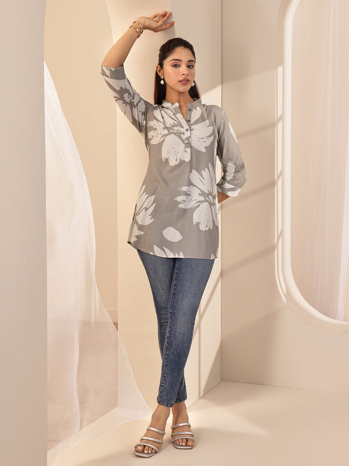 Grey Printed Rayon Straight Tunic