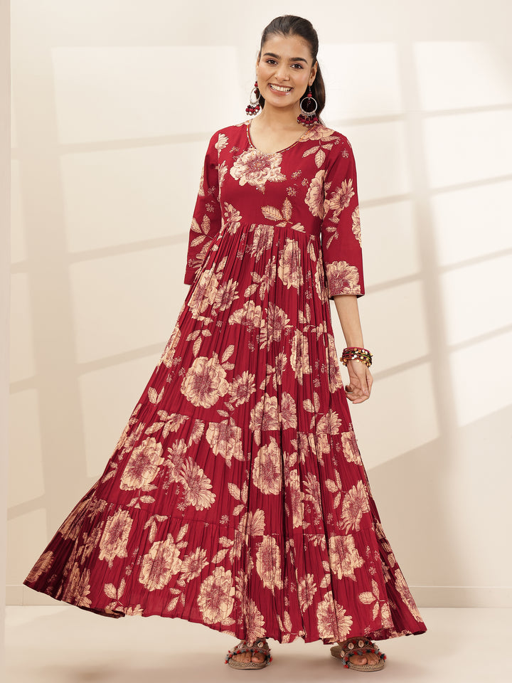 Maroon Printed Cotton Blend Fit and Flared One Piece Dress