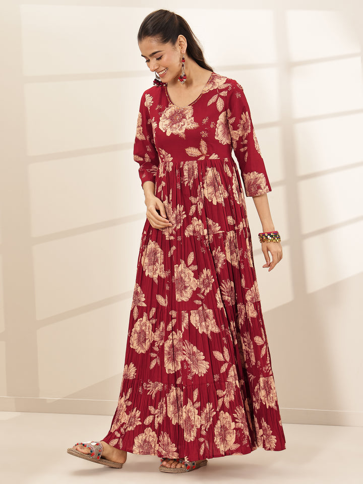Maroon Printed Cotton Blend Fit and Flared One Piece Dress