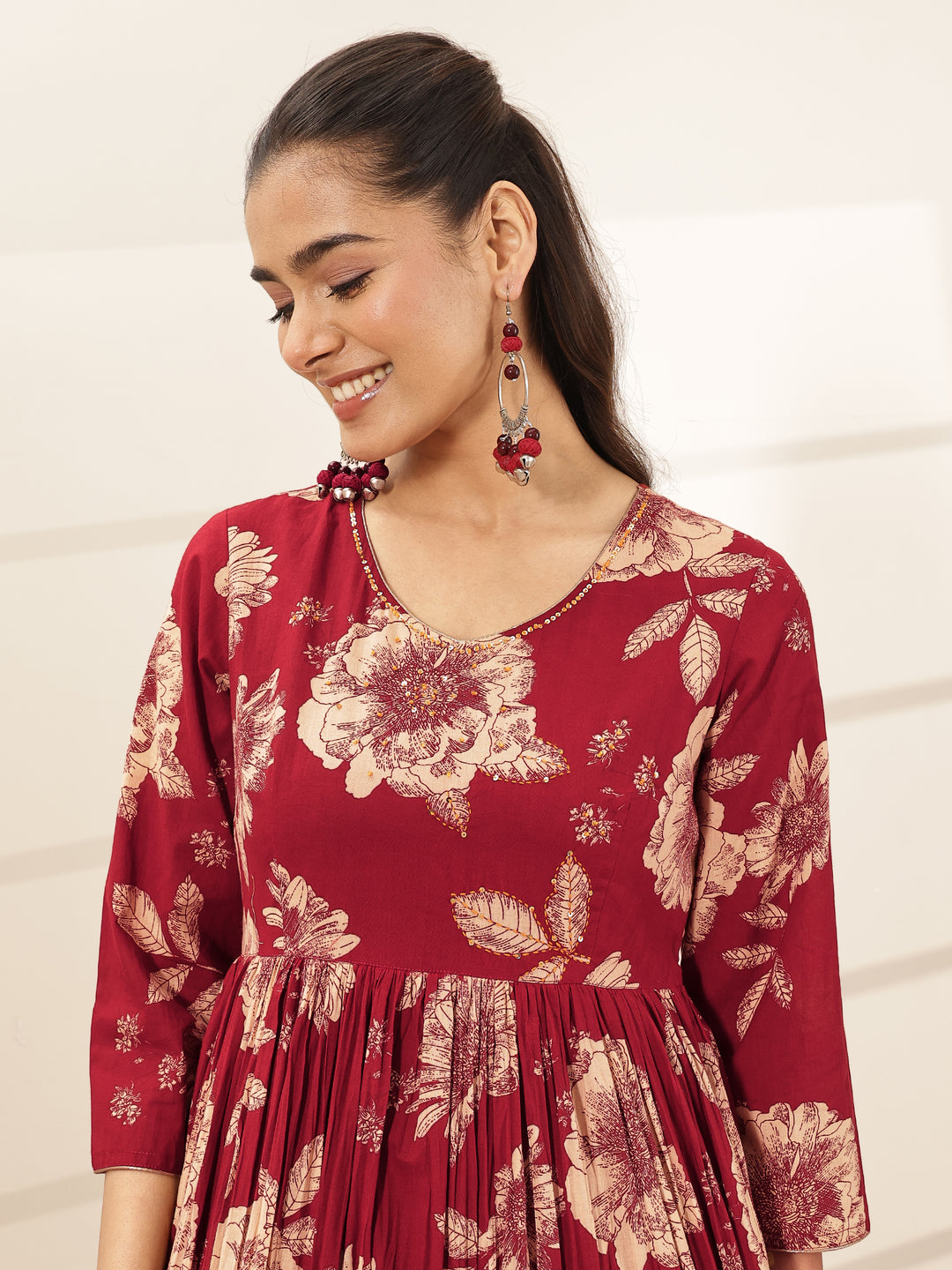 Maroon Printed Cotton Blend Fit and Flared One Piece Dress