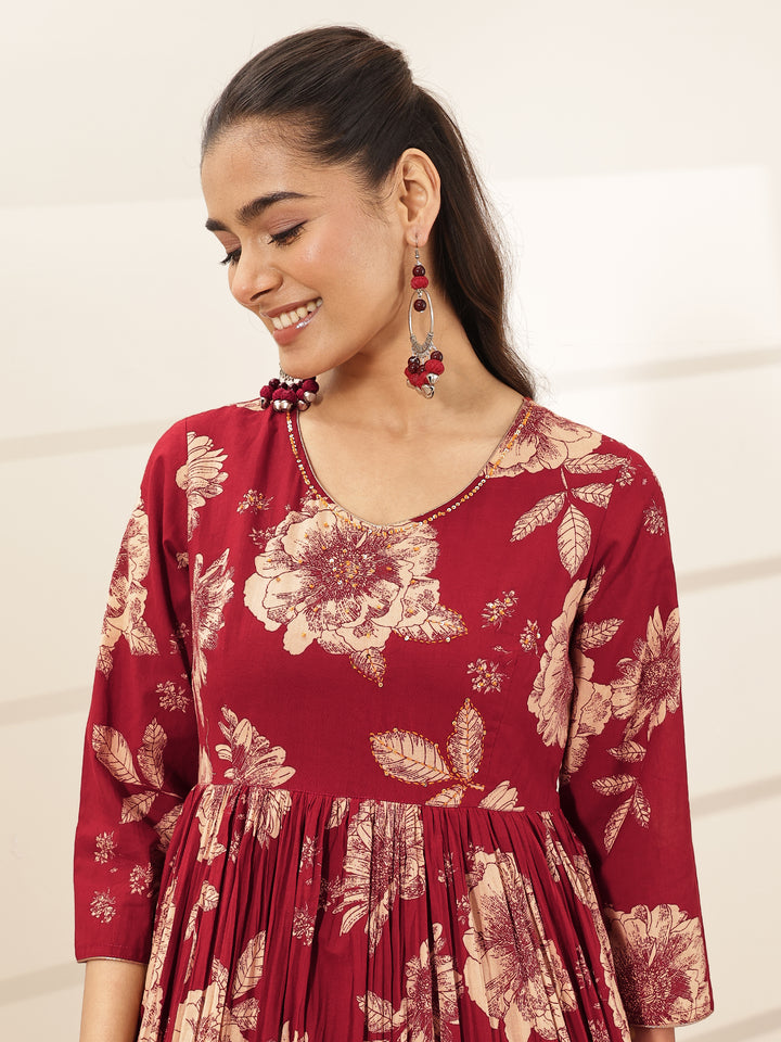 Maroon Printed Cotton Blend Fit and Flared One Piece Dress