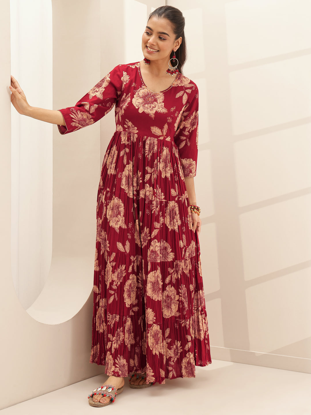 Maroon Printed Cotton Blend Fit and Flared One Piece Dress