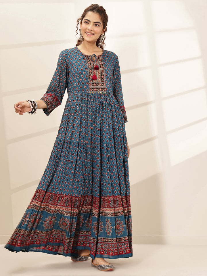 Blue Printed Cotton Blend Fit and Flared One Piece Dress