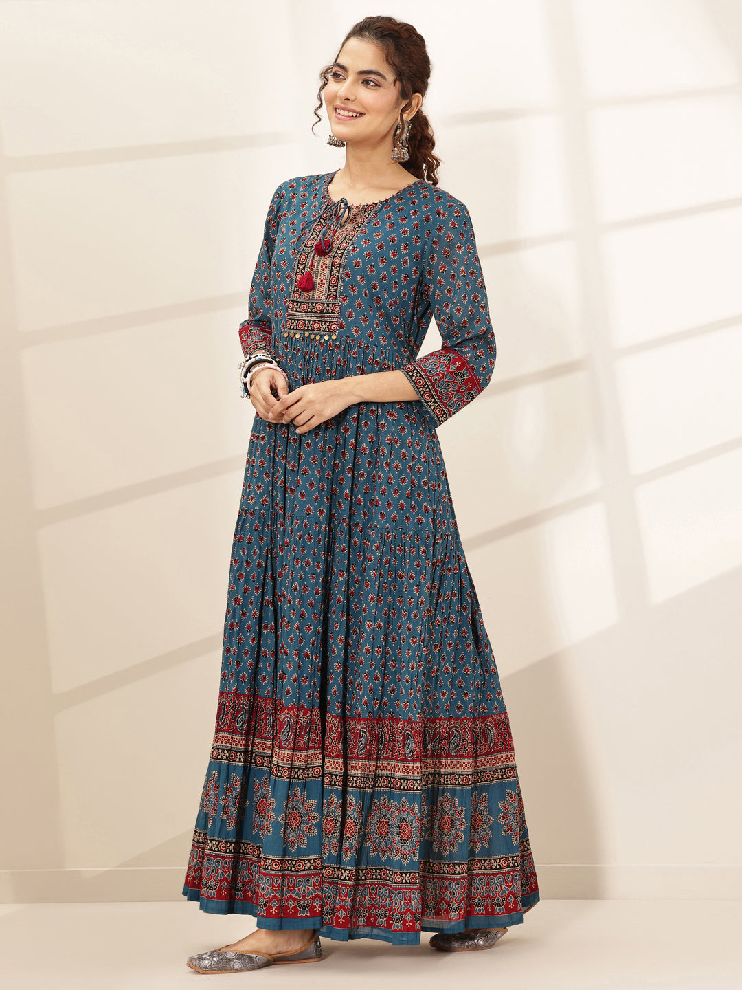 Blue Printed Cotton Blend Fit and Flared One Piece Dress