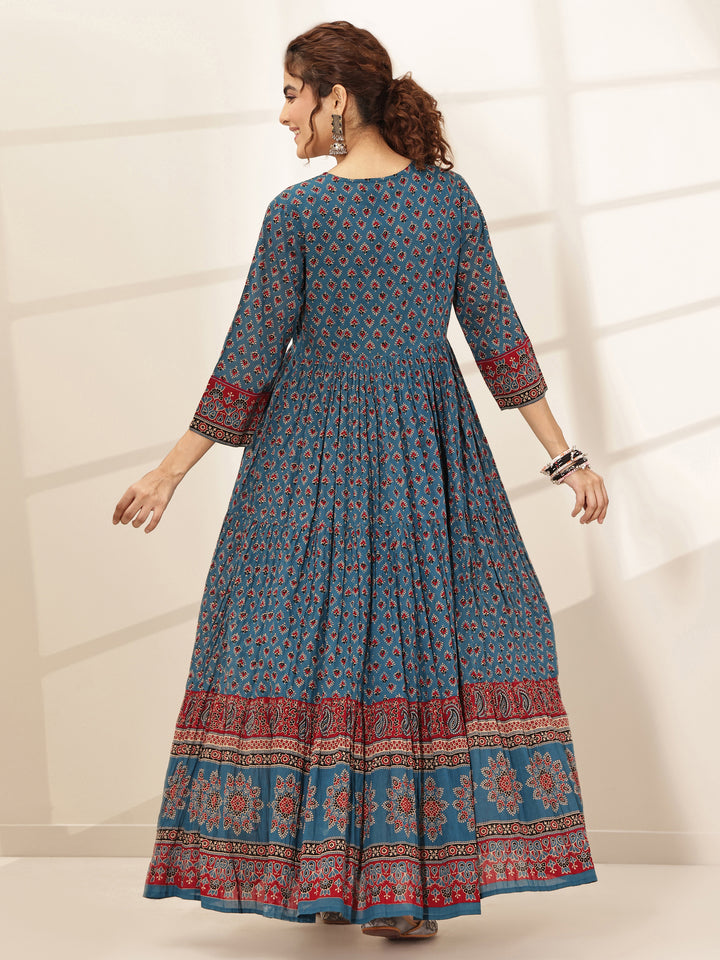 Blue Printed Cotton Blend Fit and Flared One Piece Dress