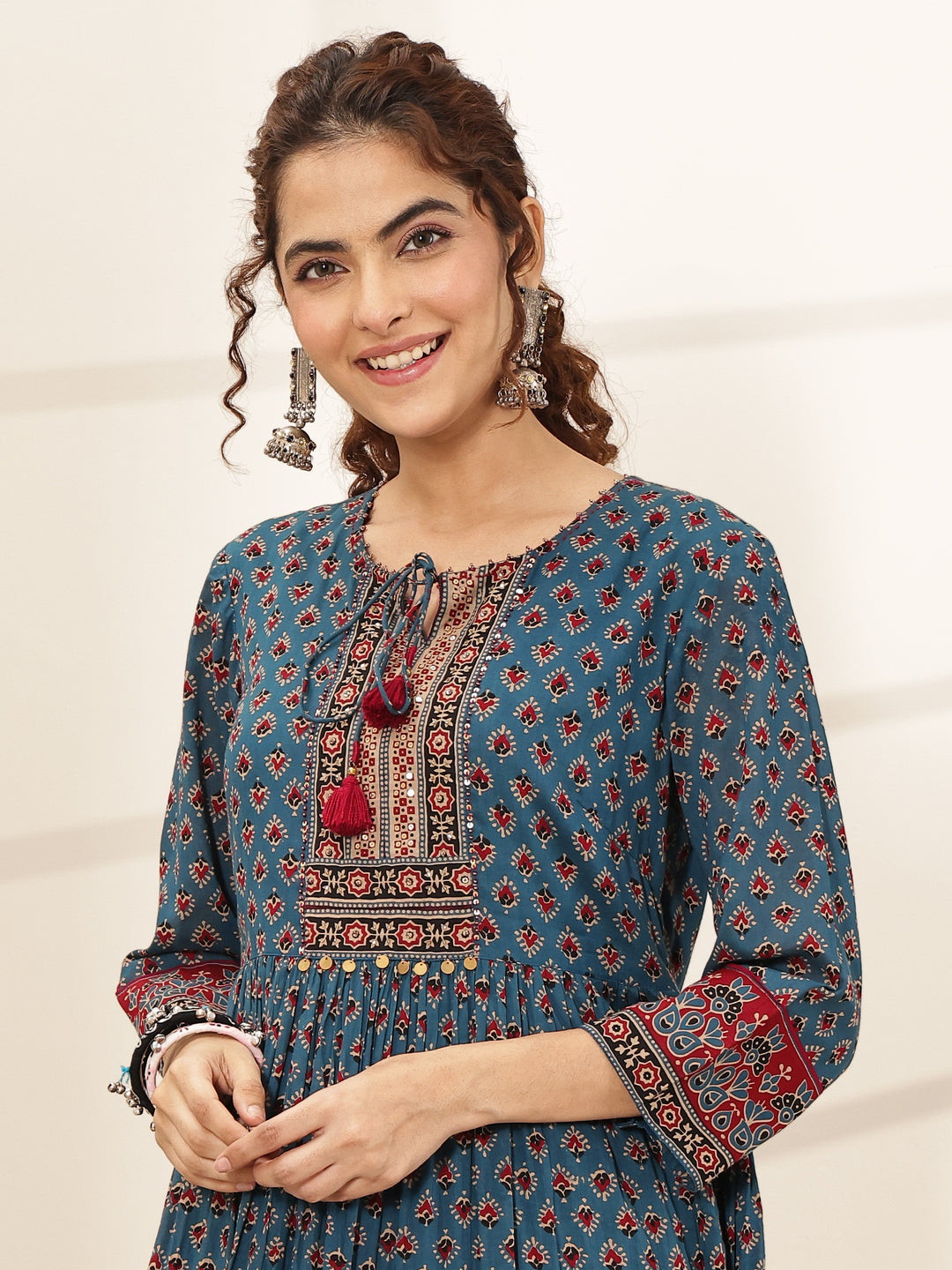 Blue Printed Cotton Blend Fit and Flared One Piece Dress