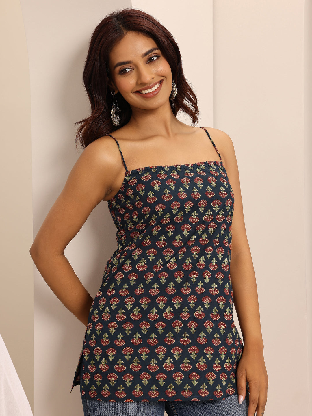 Navy blue Printed Cotton Blend Straight Short Kurti