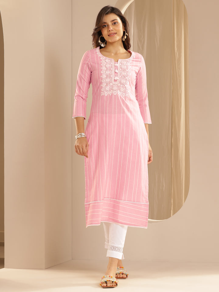 Pink Embroidered Cotton Blend Straight Kurta