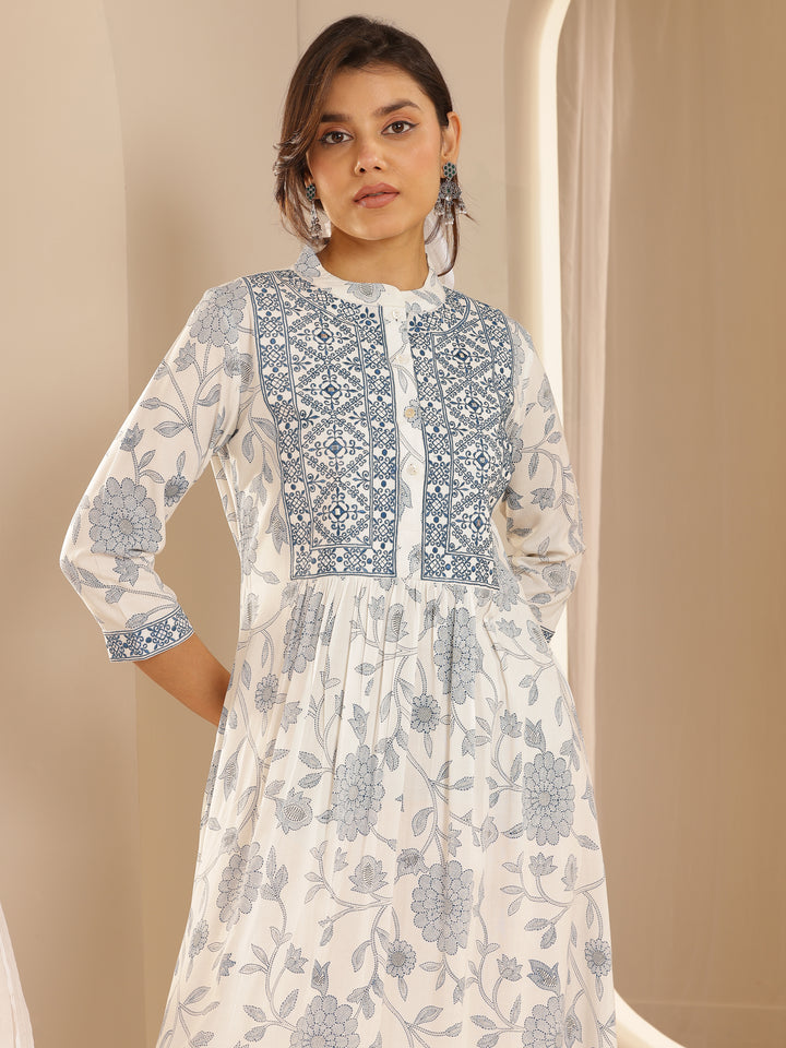 White Printed Rayon A-Line One Piece Dress