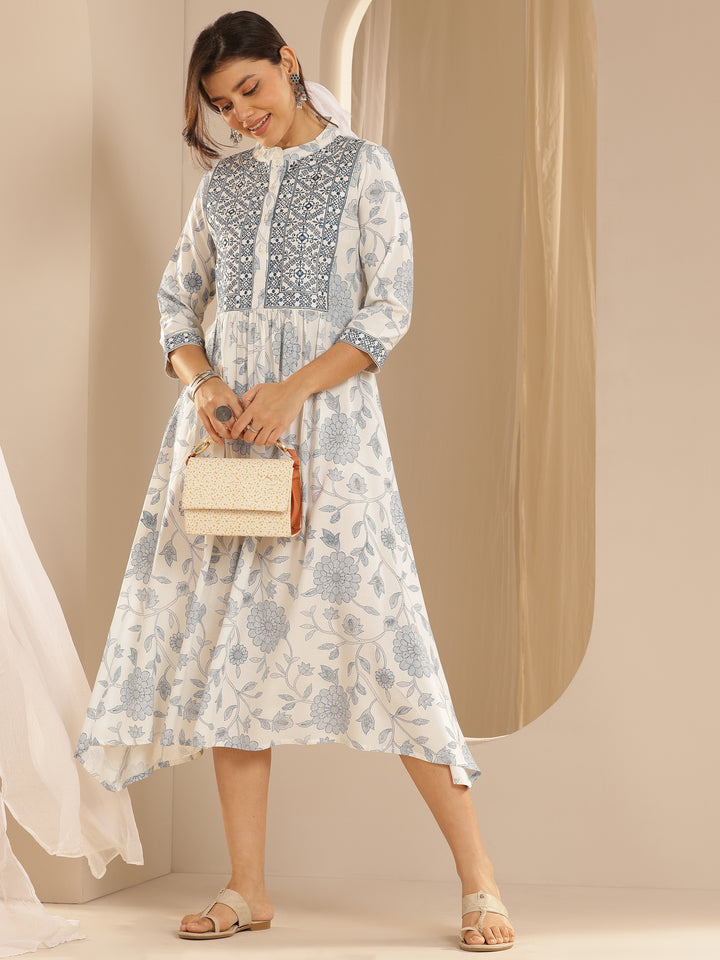 White Printed Rayon A-Line One Piece Dress