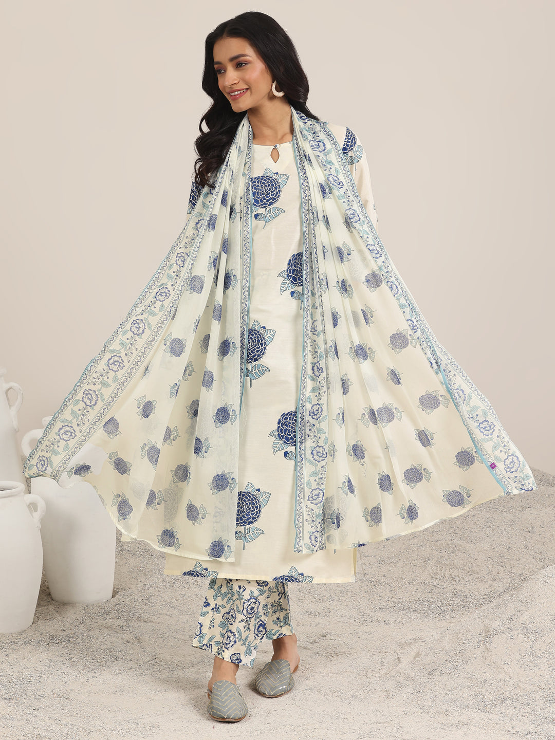 Off White Printed Chanderi Silk Straight Suit With Dupatta