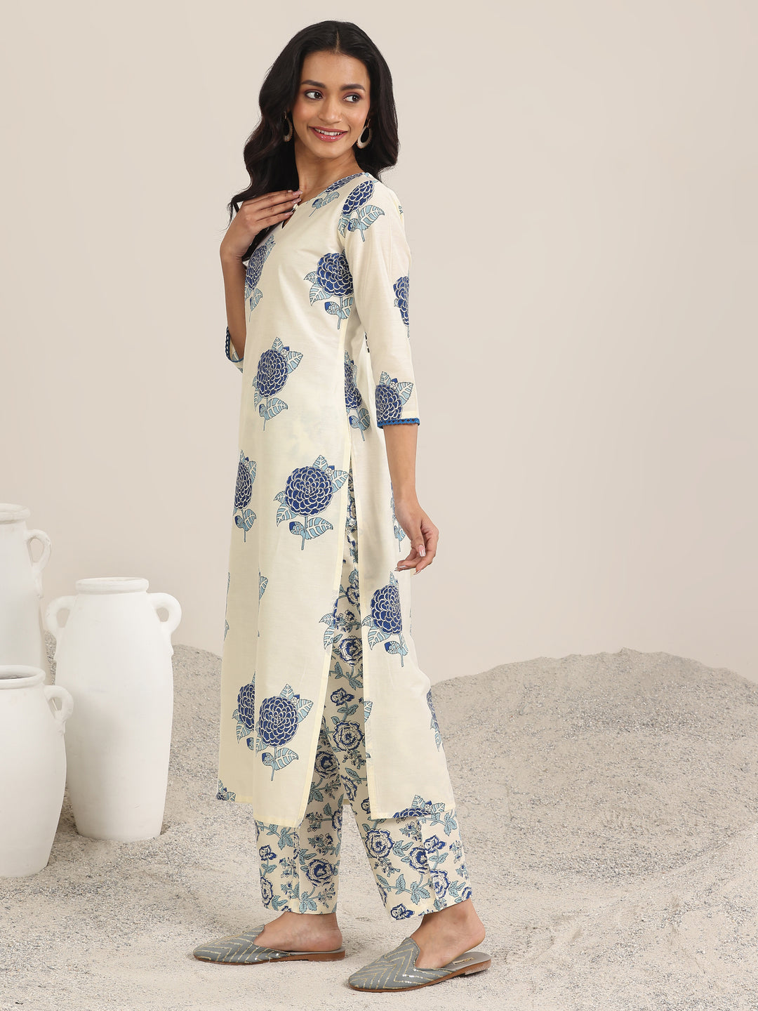 Off White Printed Chanderi Silk Straight Suit With Dupatta