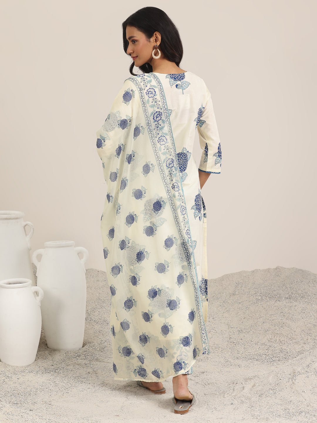 Off White Printed Chanderi Silk Straight Suit With Dupatta
