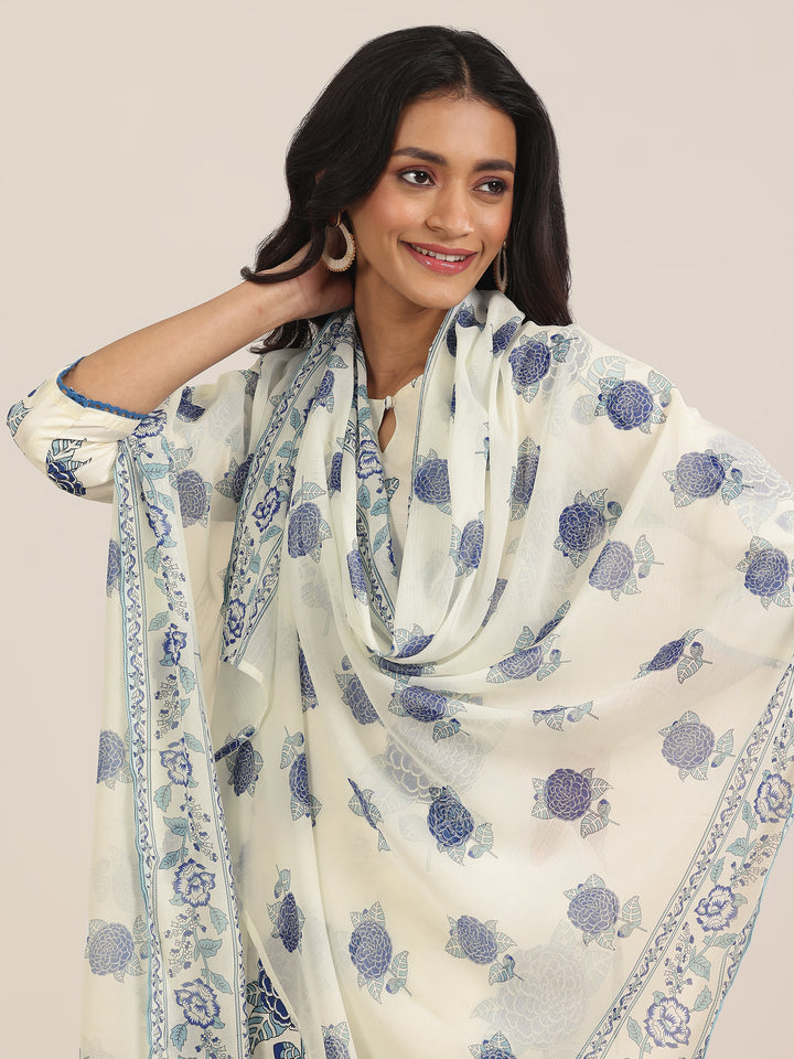 Off White Printed Chanderi Silk Straight Suit With Dupatta