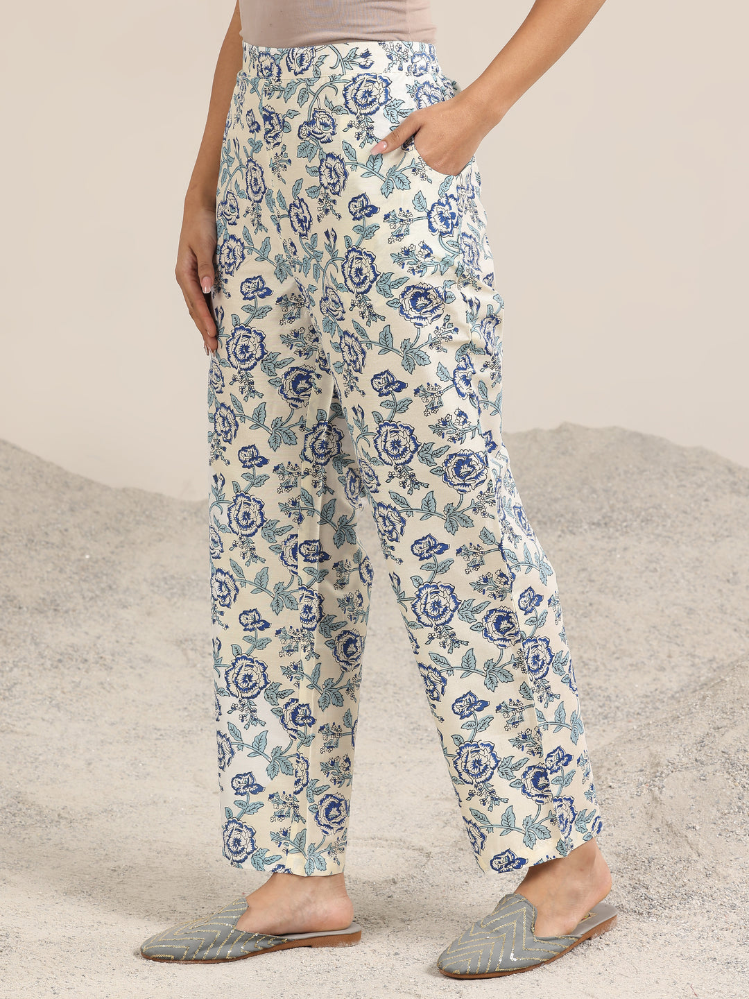 Off White Printed Chanderi Silk Straight Suit With Dupatta