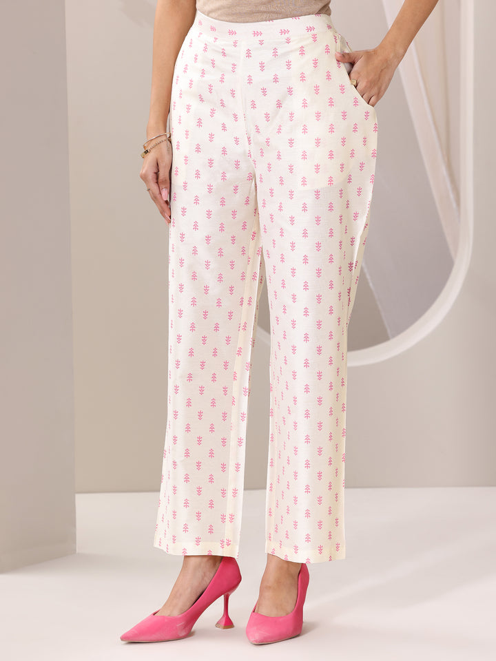 Off White Printed Chanderi Silk Straight Suit Set With Dupatta