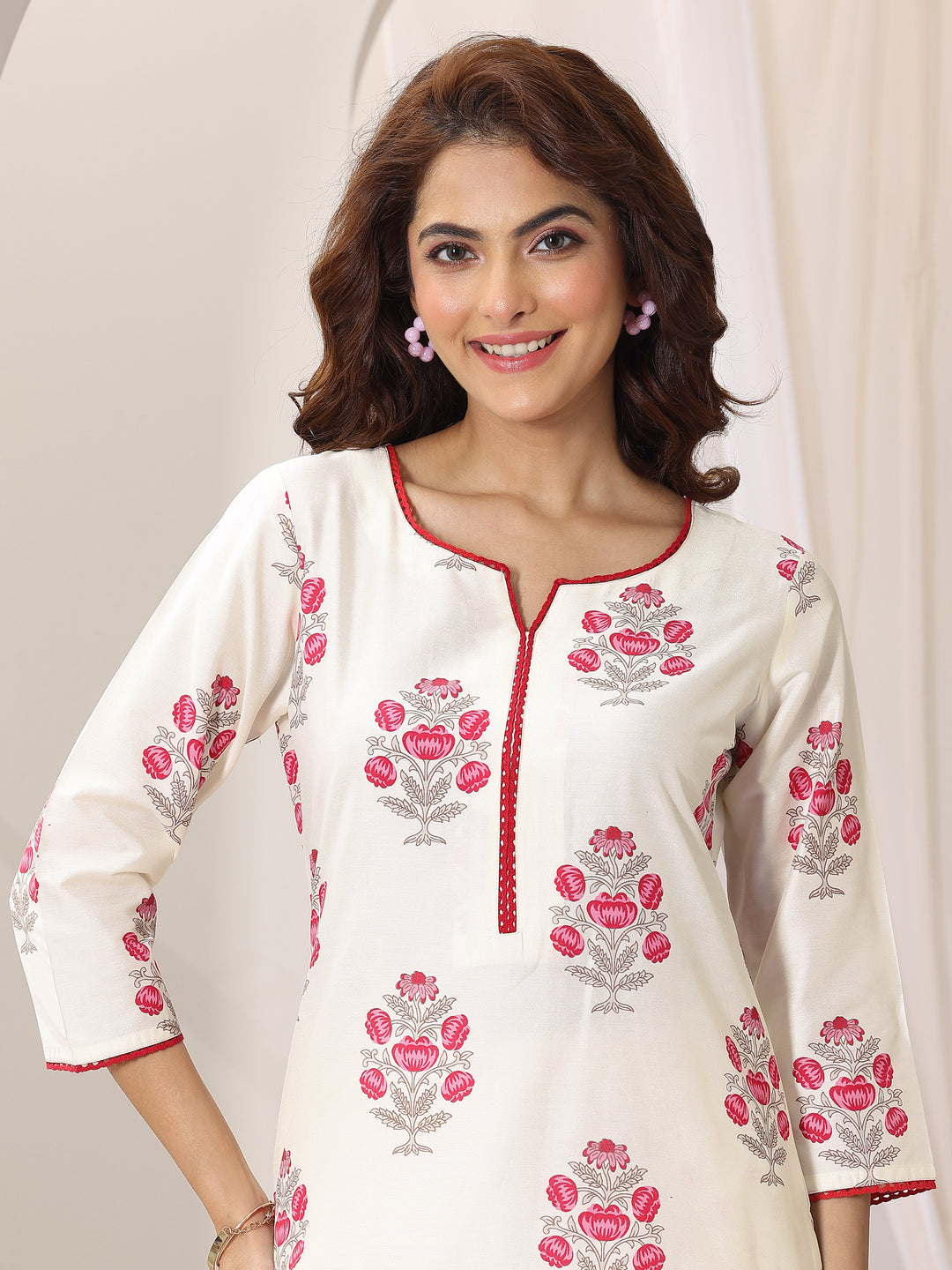 Off White Printed Chanderi Silk Straight Suit Set With Dupatta