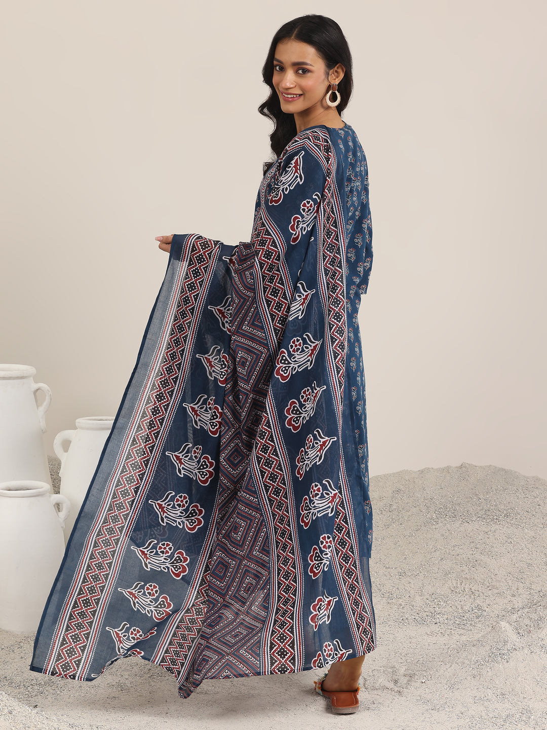 Blue Printed Cotton Straight Suit With Dupatta