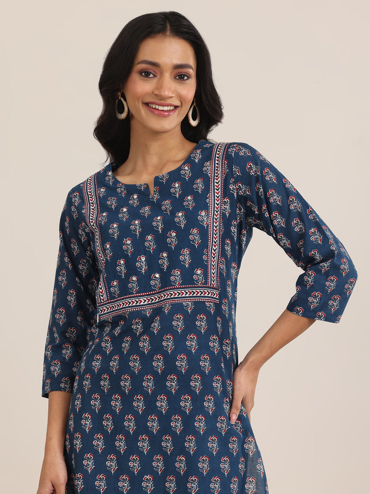 Blue Printed Cotton Straight Suit With Dupatta