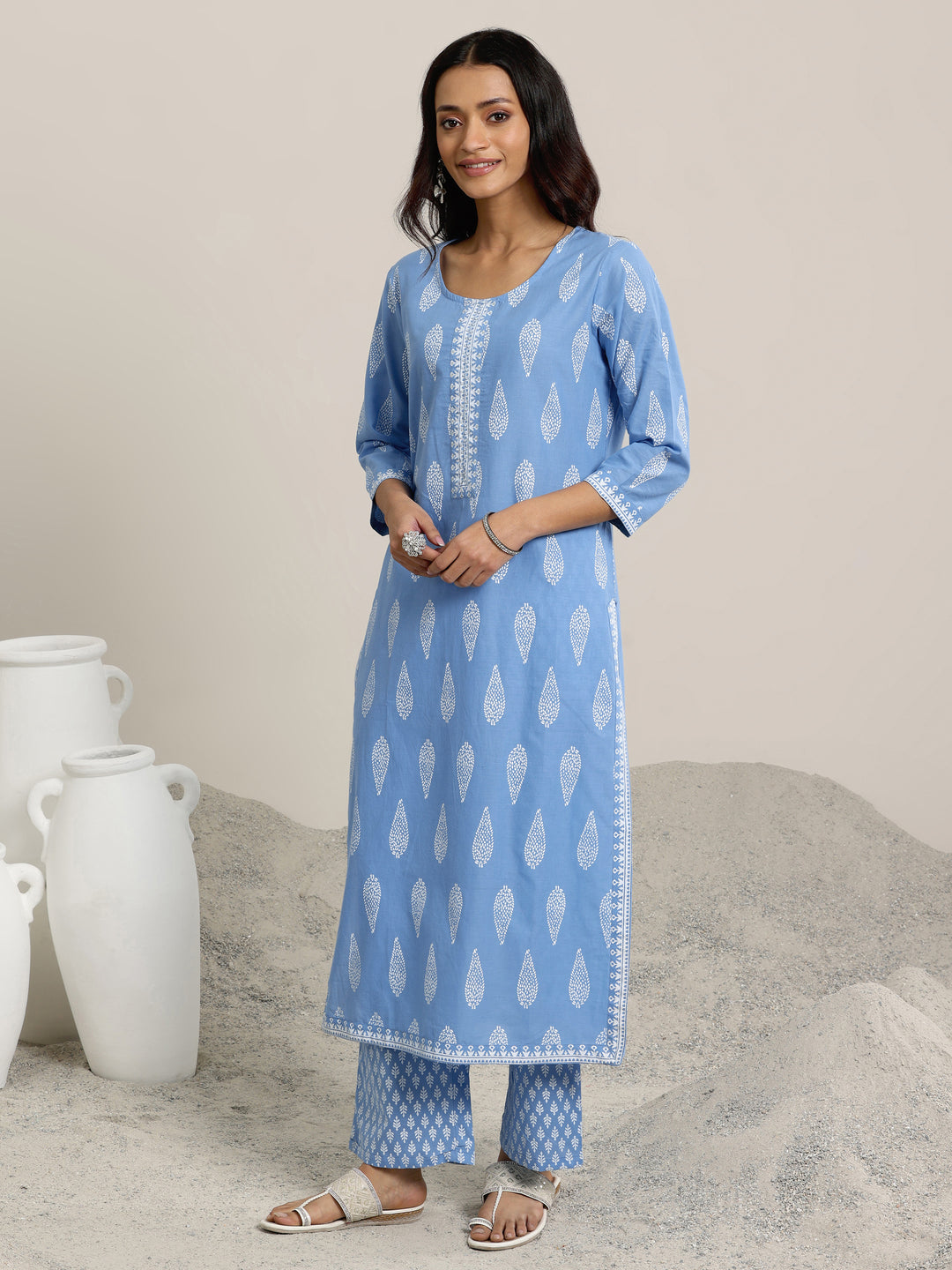 Blue Printed Cotton Straight  Suits With Dupatta