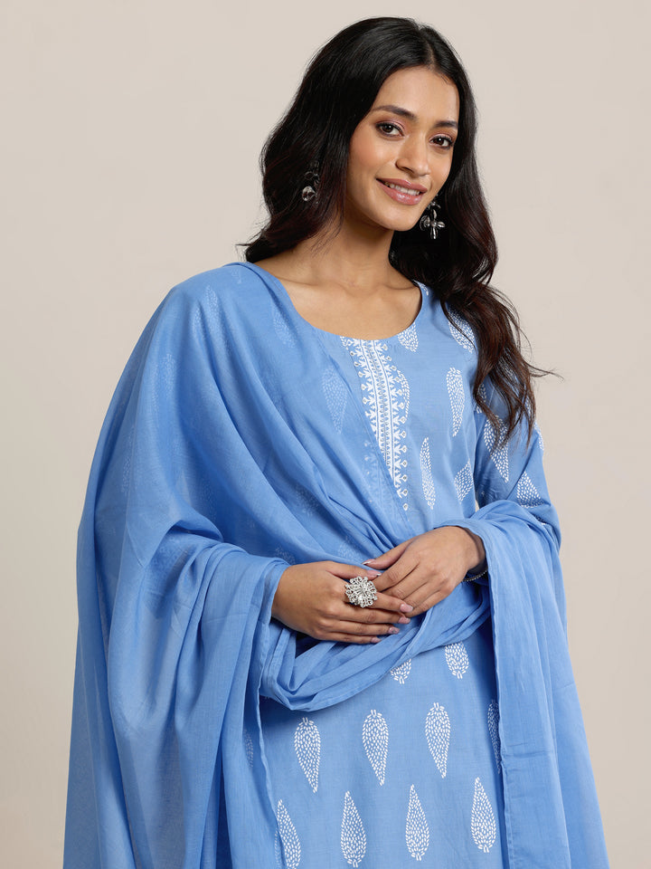 Blue Printed Cotton Straight  Suits With Dupatta