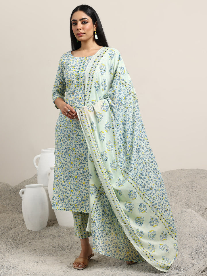 Blue Printed Cotton Straight Suit With Dupatta