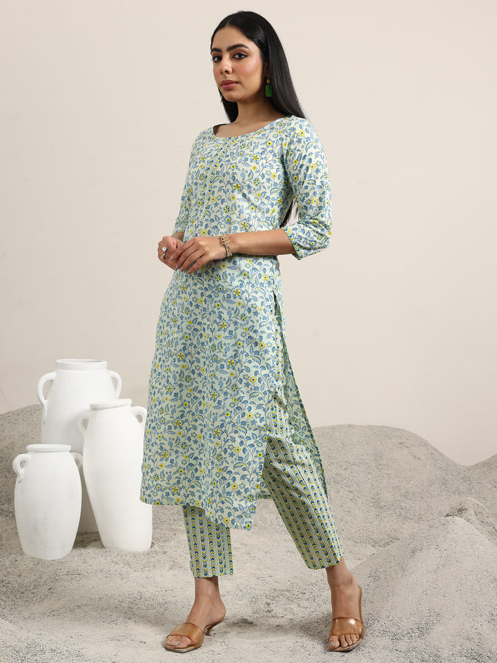 Blue Printed Cotton Straight Suit With Dupatta
