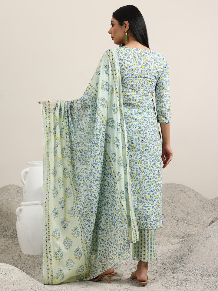 Blue Printed Cotton Straight Suit With Dupatta