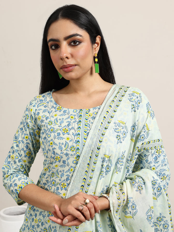 Blue Printed Cotton Straight Suit With Dupatta