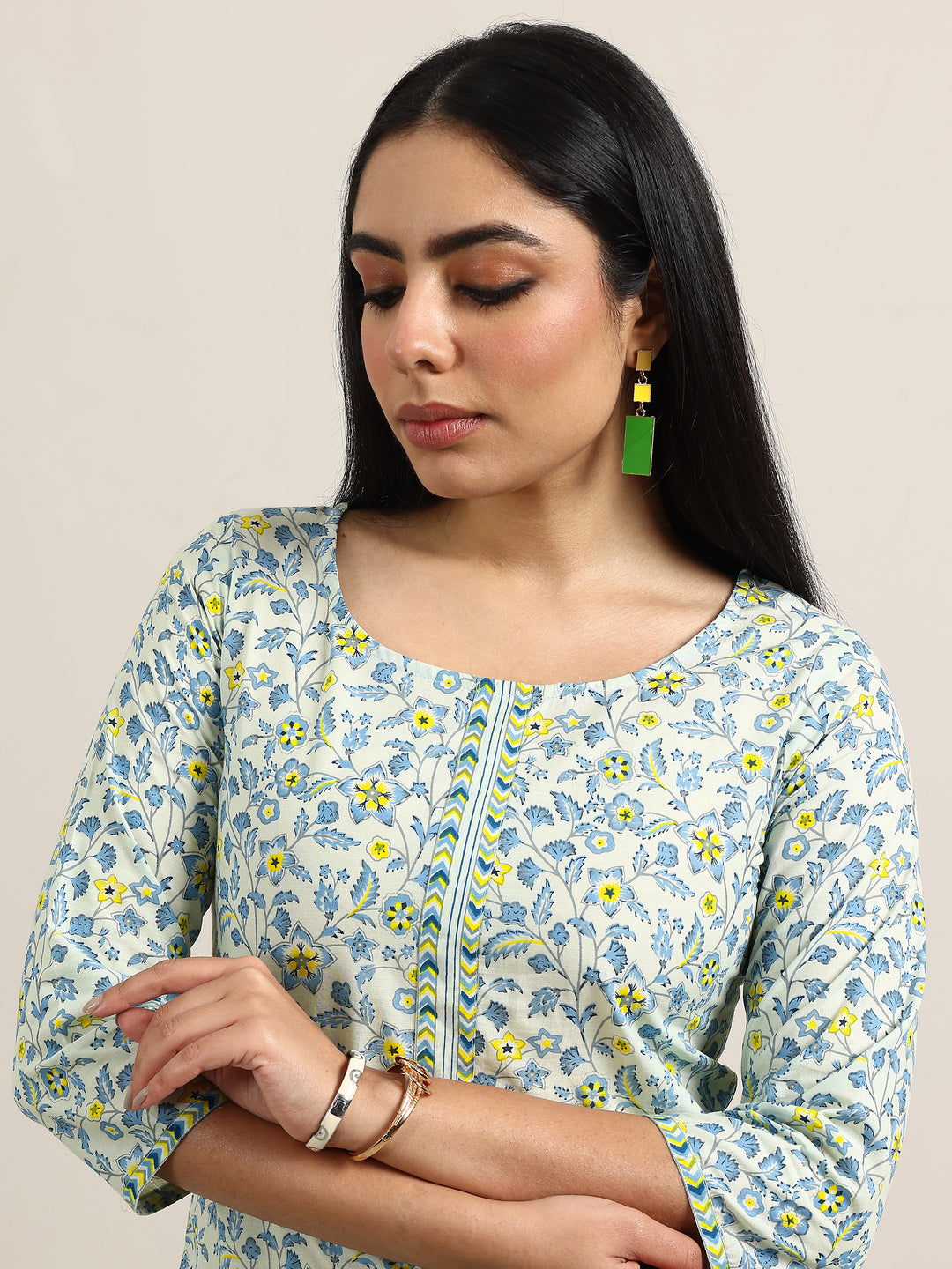 Blue Printed Cotton Straight Suit With Dupatta