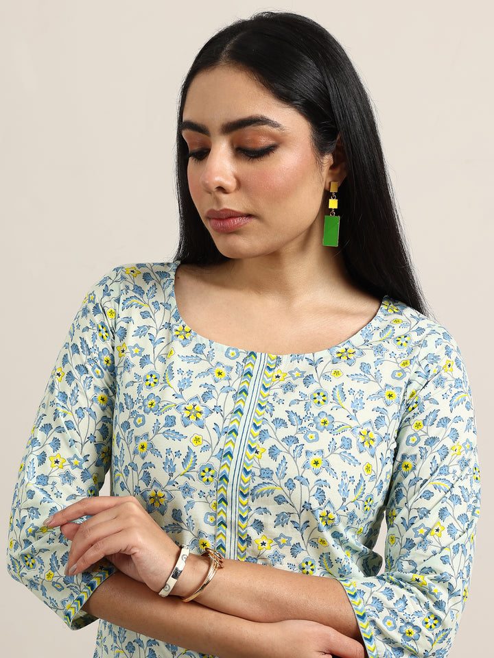 Blue Printed Cotton Straight Suit With Dupatta