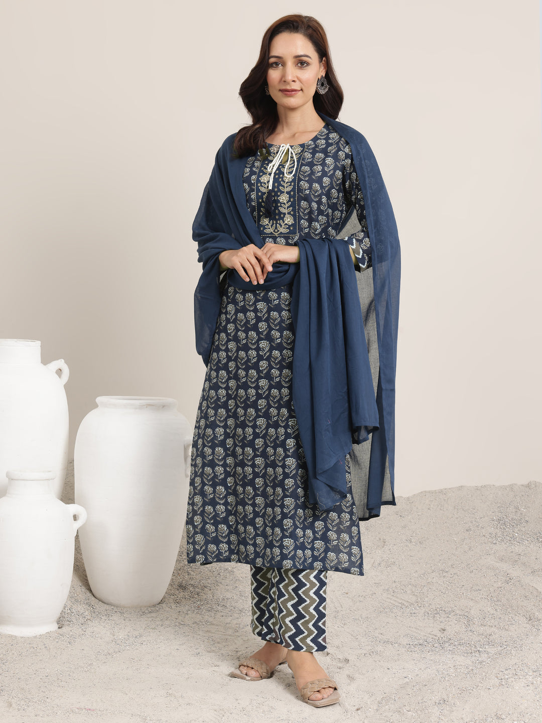 Navy Printed Cotton Straight Suit Set With Dupatta