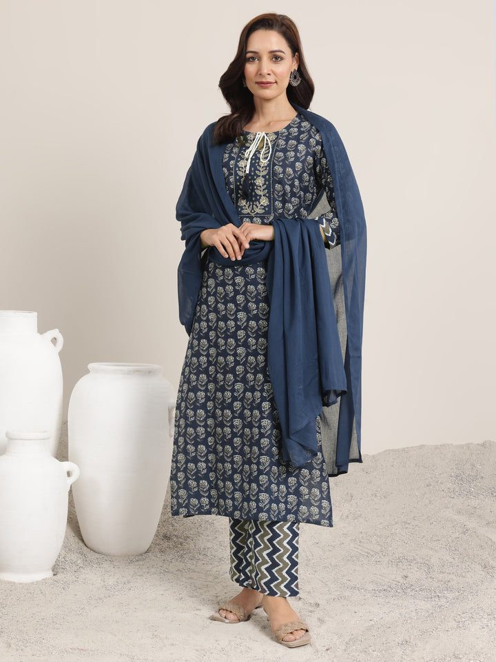 Navy Printed Cotton Straight Suit Set With Dupatta