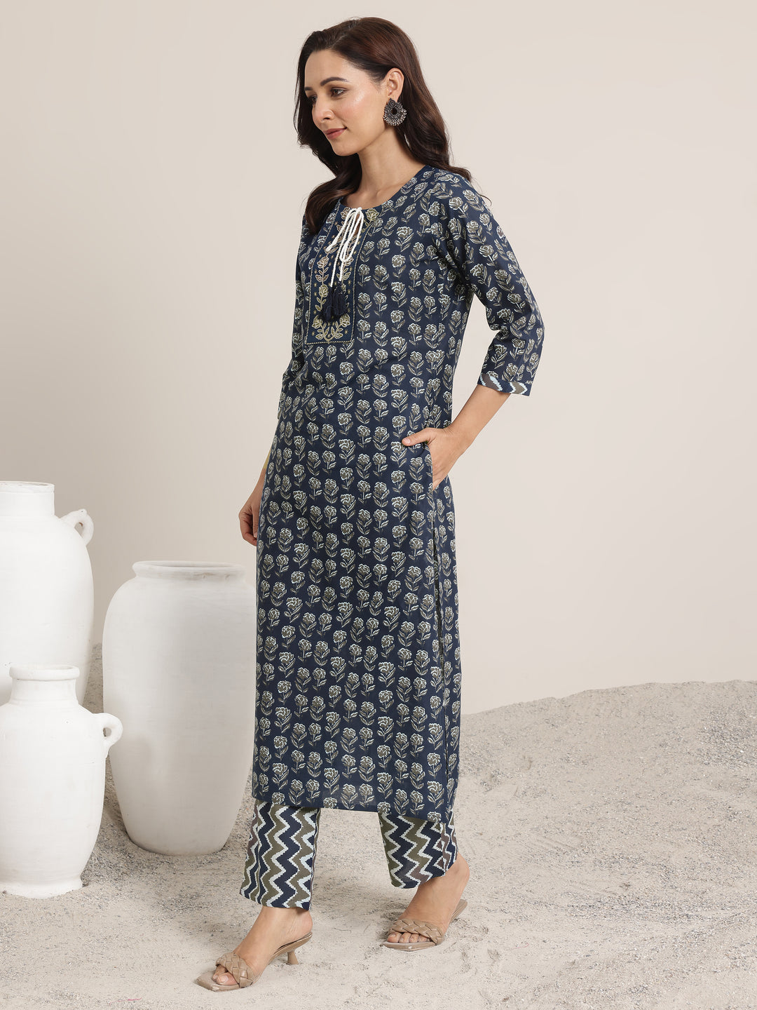 Navy Printed Cotton Straight Suit Set With Dupatta