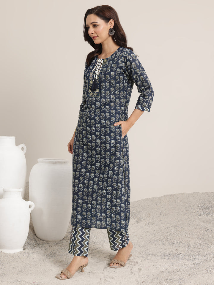 Navy Printed Cotton Straight Suit Set With Dupatta