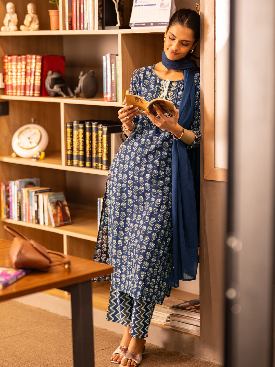 Navy Printed Cotton Straight Suit Set With Dupatta