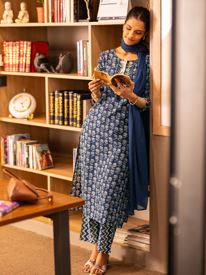 Navy Printed Cotton Straight Suit Set With Dupatta