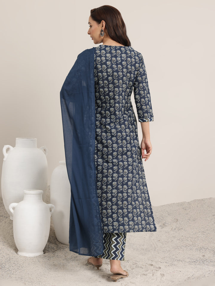 Navy Printed Cotton Straight Suit Set With Dupatta