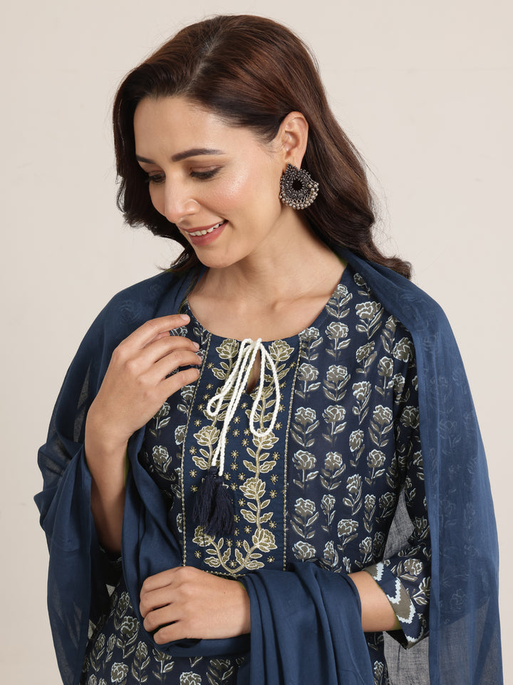 Navy Printed Cotton Straight Suit Set With Dupatta