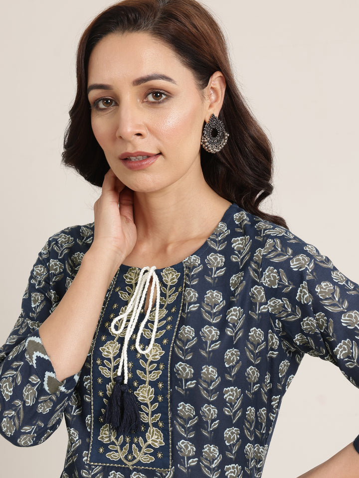 Navy Printed Cotton Straight Suit Set With Dupatta