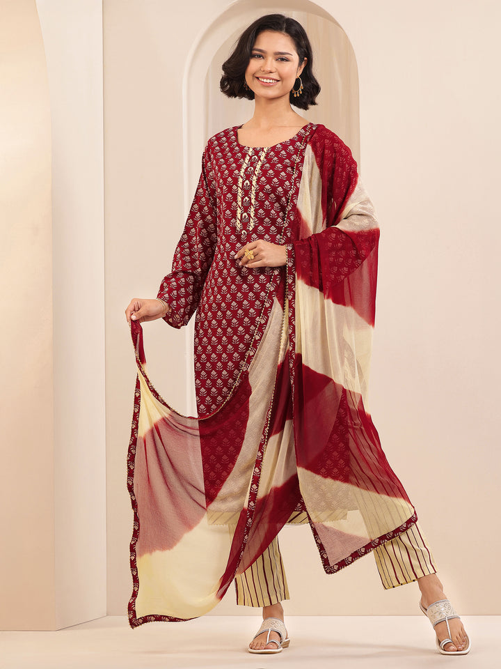 Maroon Printed Cotton Straight Suit Sets With Dupatta