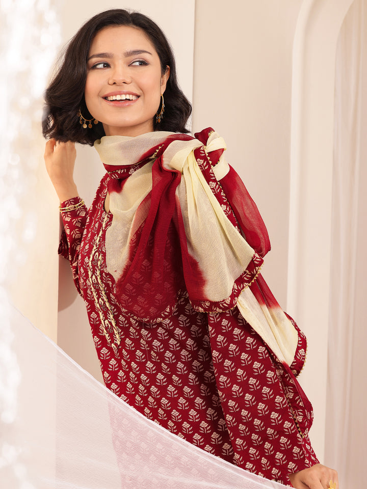 Maroon Printed Cotton Straight Suit Sets With Dupatta