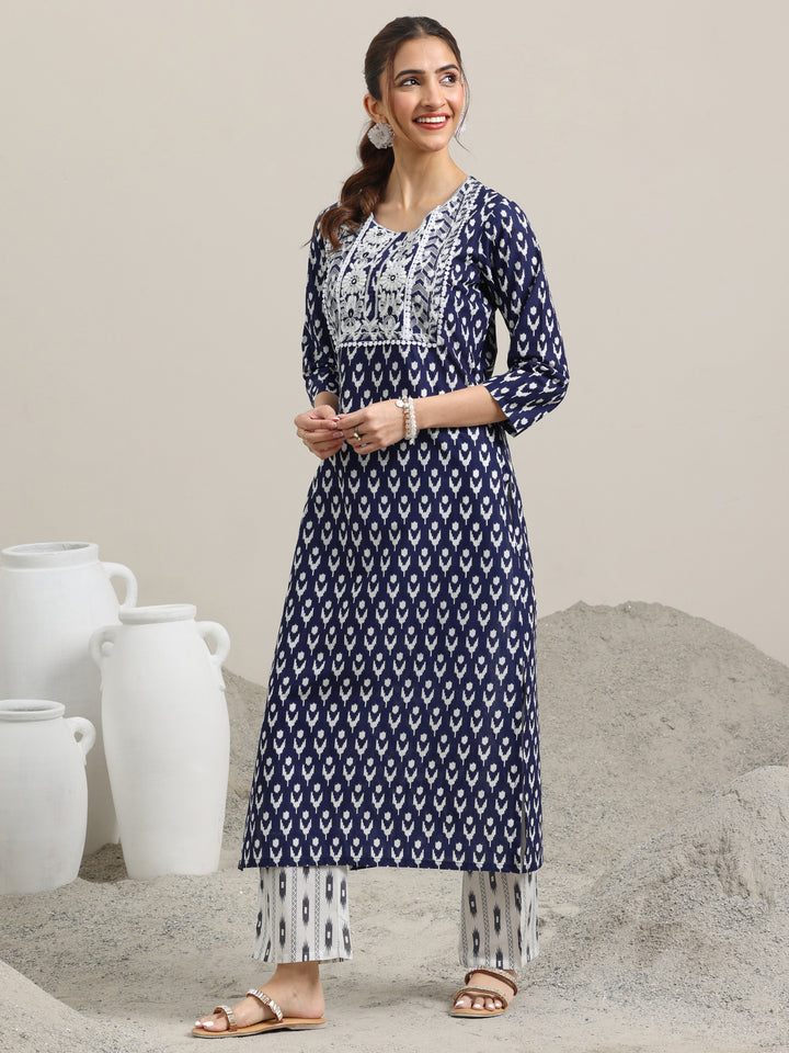 Blue Printed Cotton Straight Suit With Dupatta
