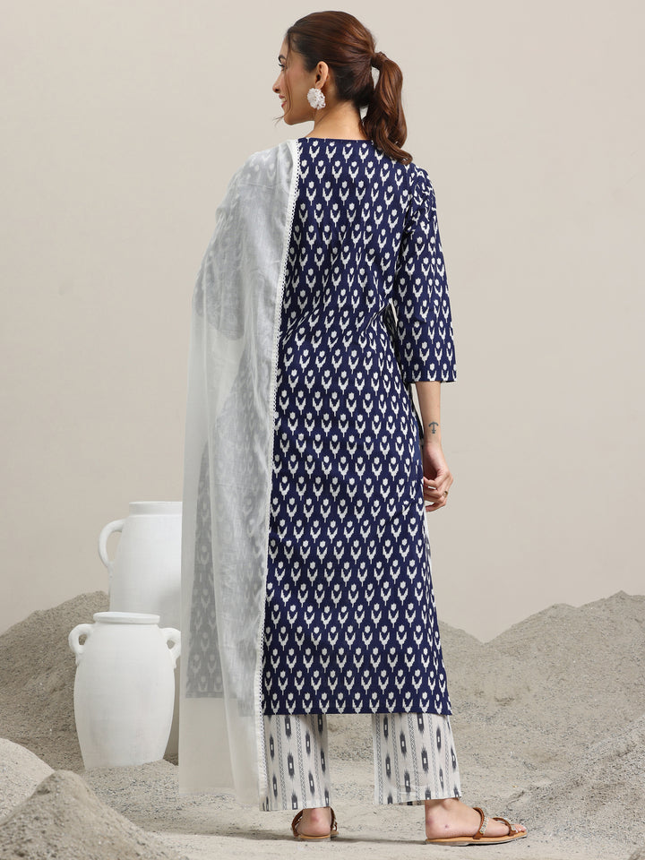 Blue Printed Cotton Straight Suit With Dupatta